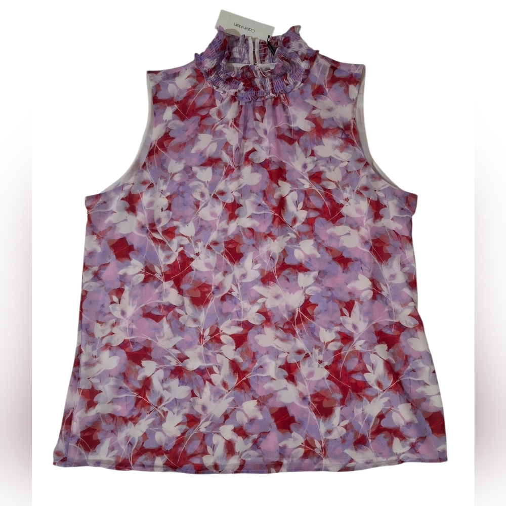 New Calvin Klein Purple Floral Sleeveless Lined Smocked Neck Top Size XL - Picture 2 of 10